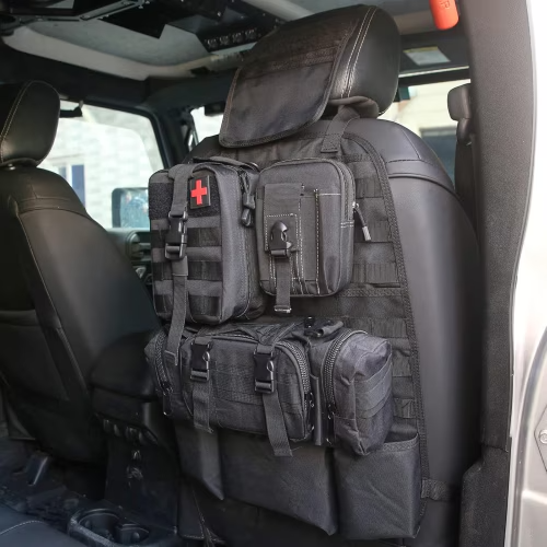 Tactical back seat organizer, three-quarter view from driver side