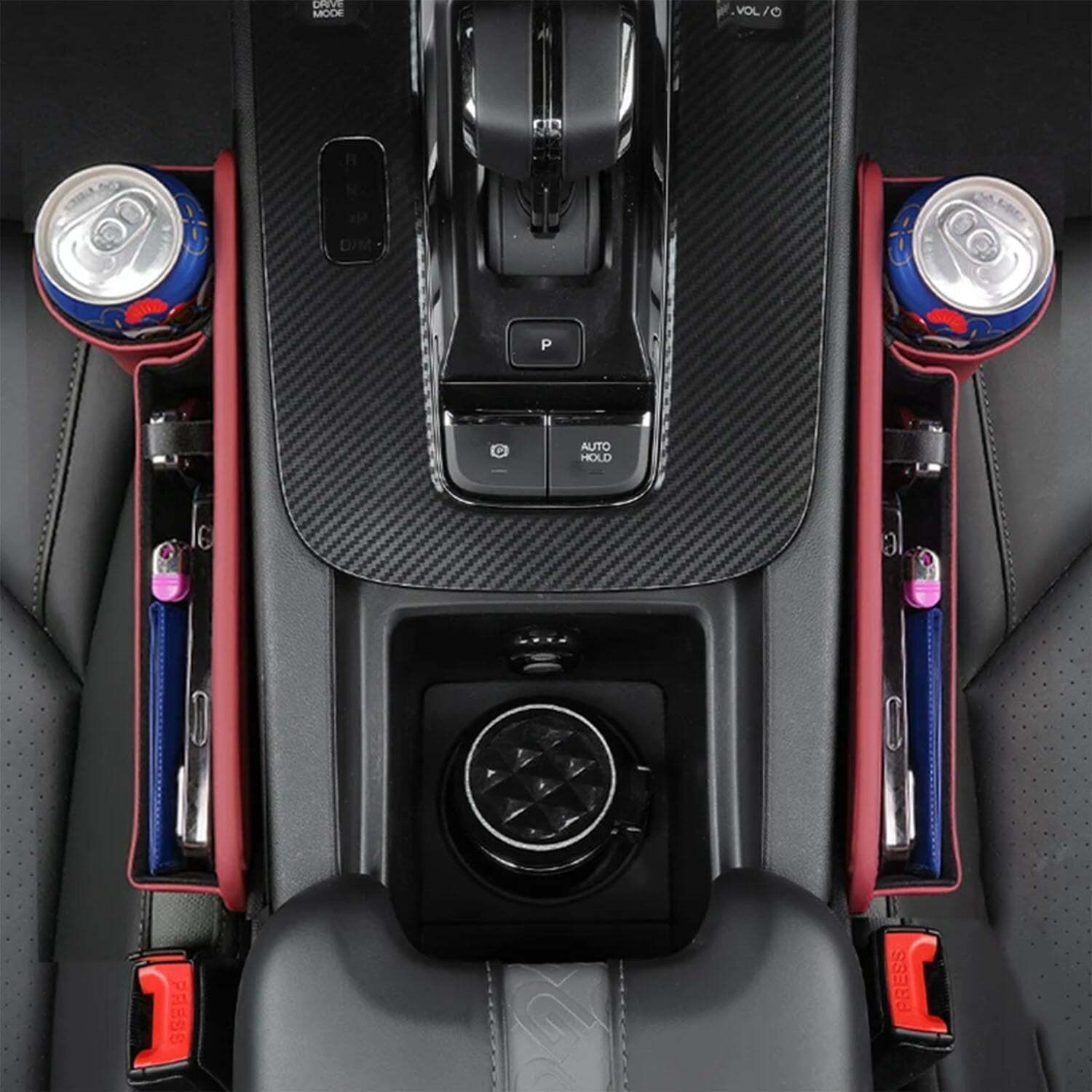 Top-down view of seat gap storage boxes installed on both sides