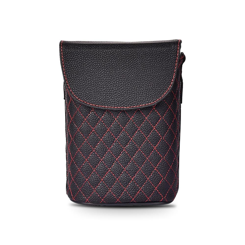 Leather car bin with flap lid in black, studio view