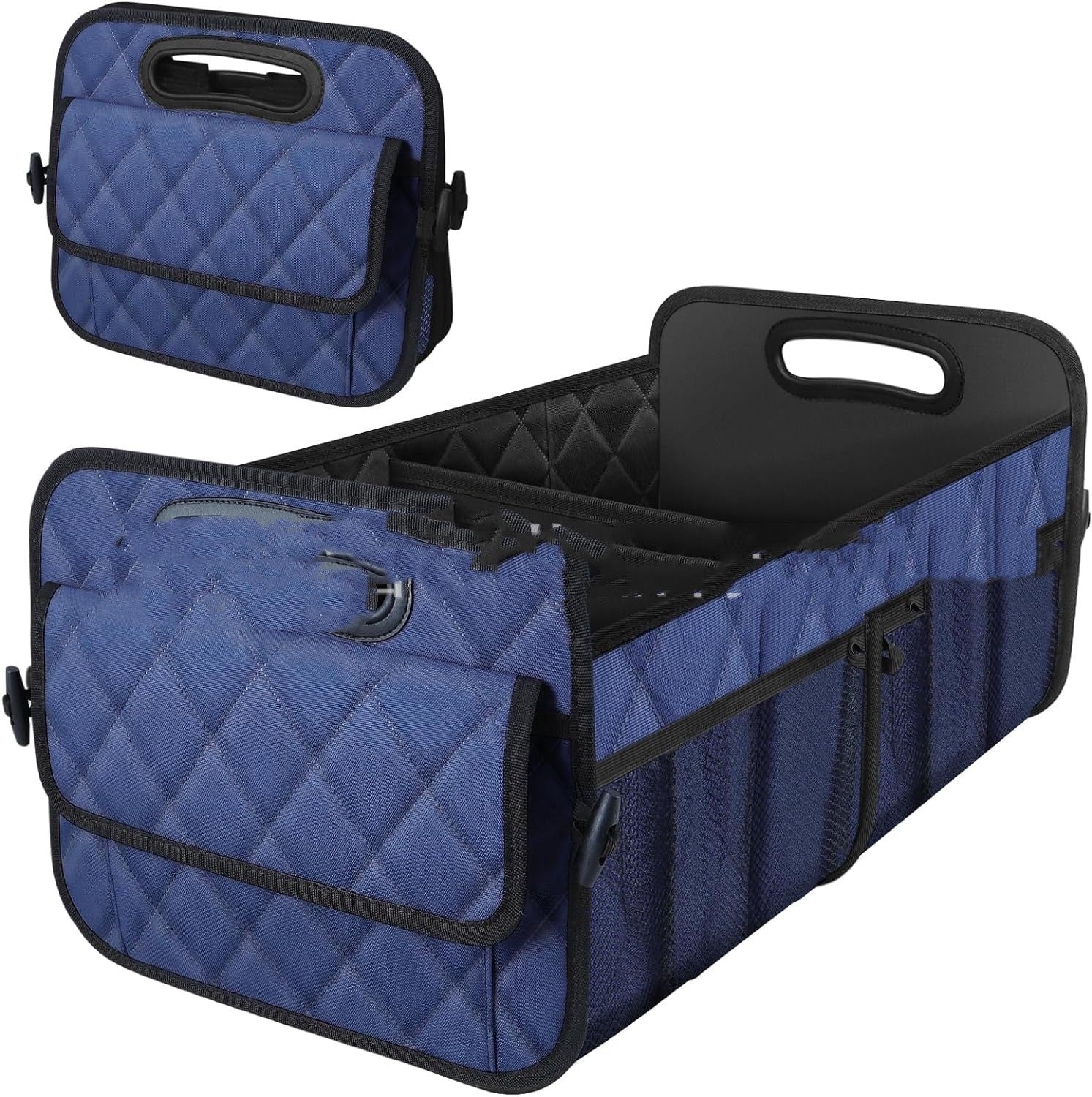 Collapsible trunk organizer in navy, shown open and folded flat