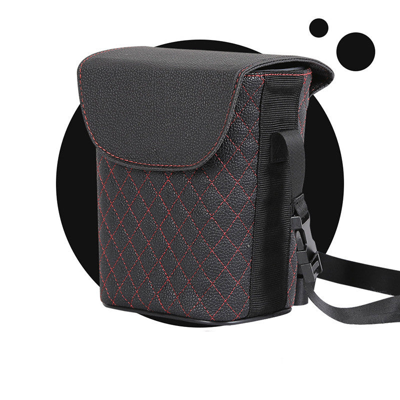 Leather car bin with adjustable hanging strap, studio view
