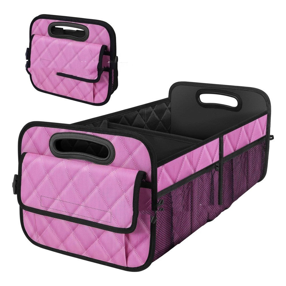 Collapsible trunk organizer in pink, shown open and folded flat