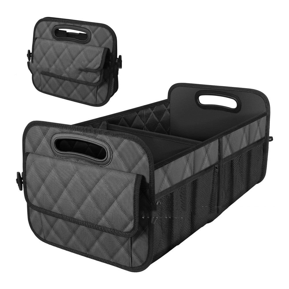 Collapsible trunk organizer in gray, shown open and folded flat