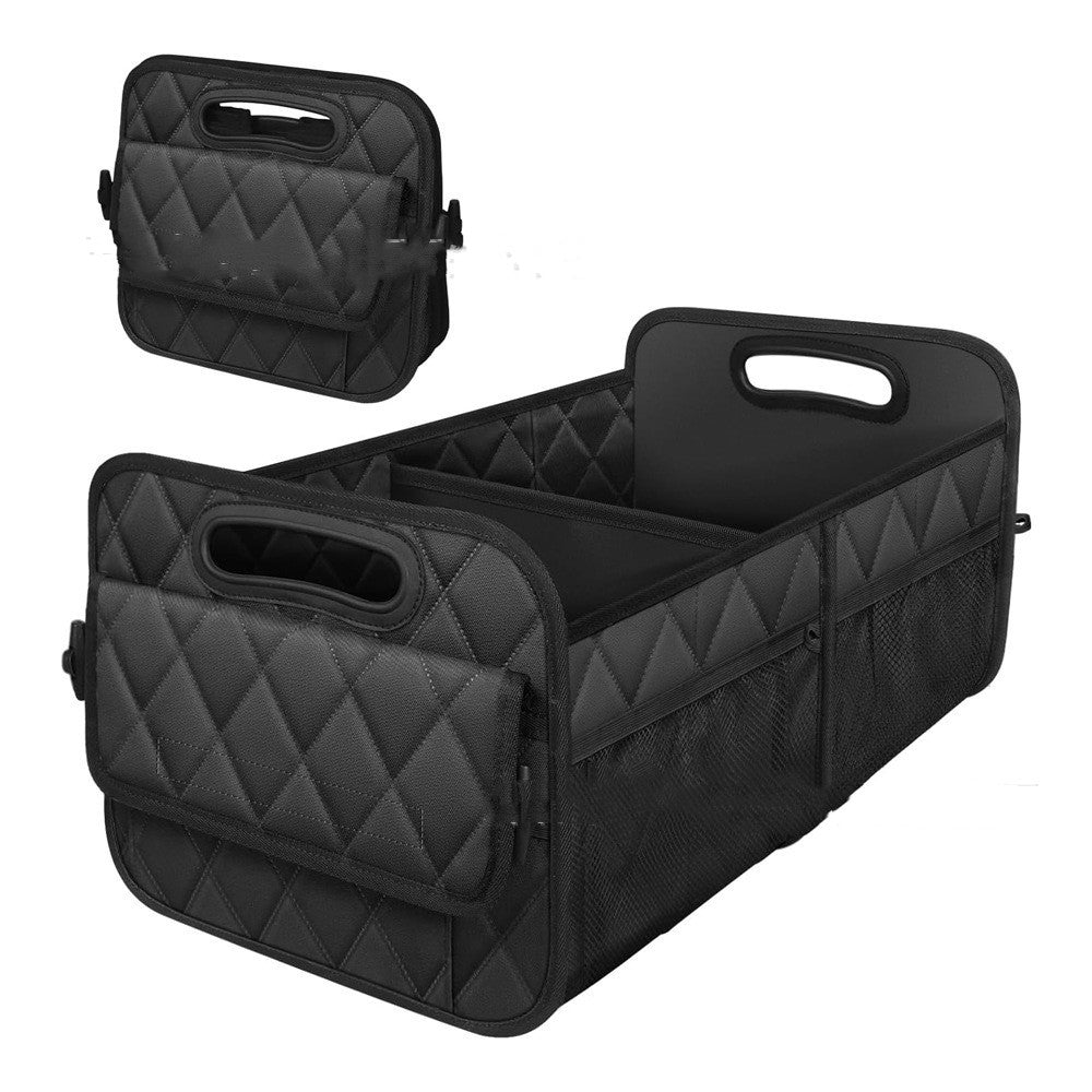 Collapsible trunk organizer in black, shown open and folded flat