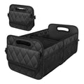Collapsible trunk organizer in black, shown open and folded flat